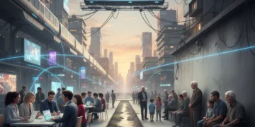 Diverse individuals illustrating the digital divide in a 2026 urban setting, with some connected and others excluded.