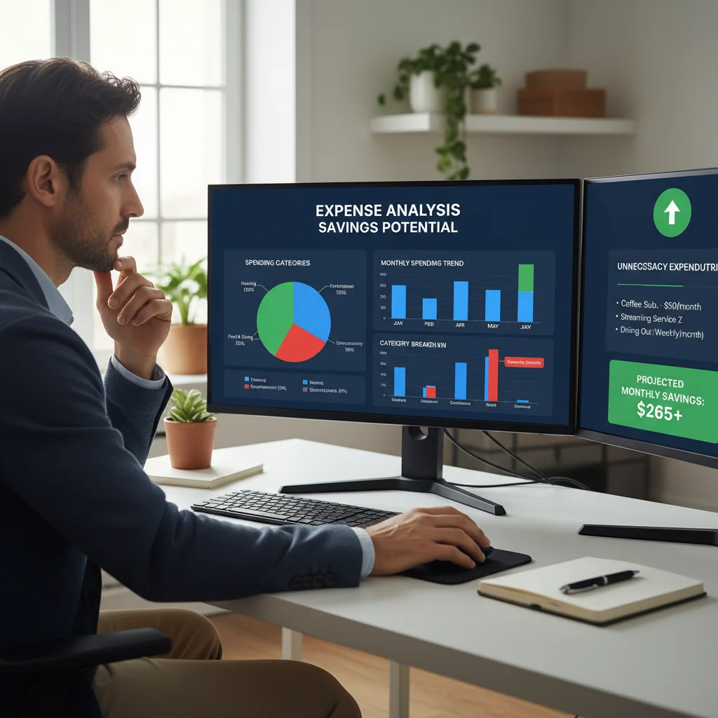 Person analyzing digital expense dashboard to identify savings potential.