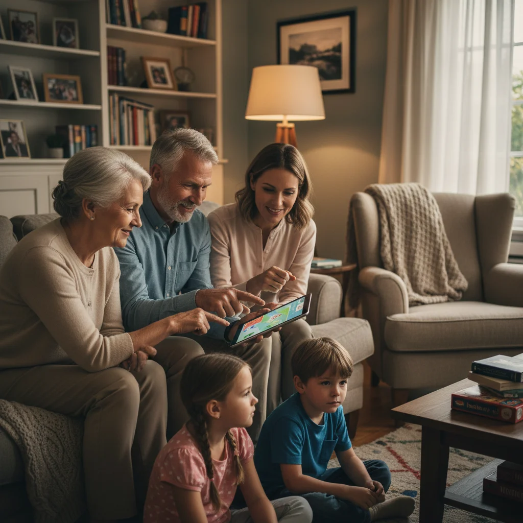 Multi-generational family learning together on a tablet, representing digital literacy and inclusion.