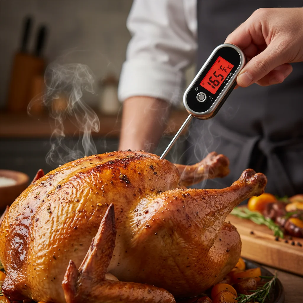 Digital meat thermometer accurately measuring the internal temperature of a roasted turkey.