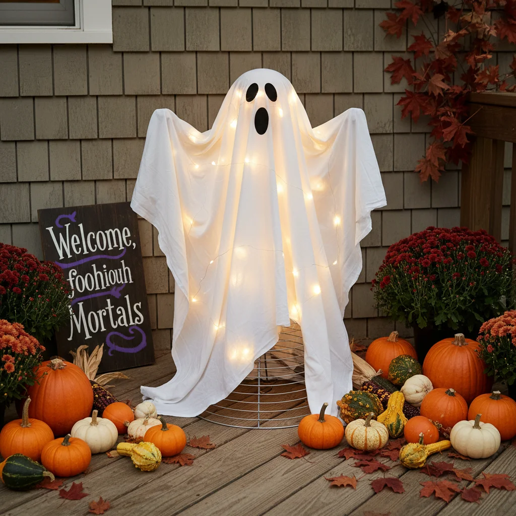 Charming and creative DIY ghost porch display with pumpkins and fairy lights for affordable Halloween decor.