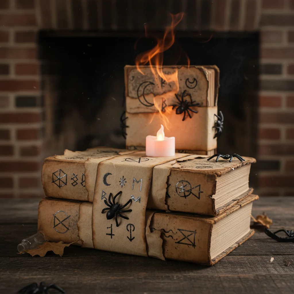 DIY spooky spellbook display for affordable Halloween decor, featuring aged books and spider accents.