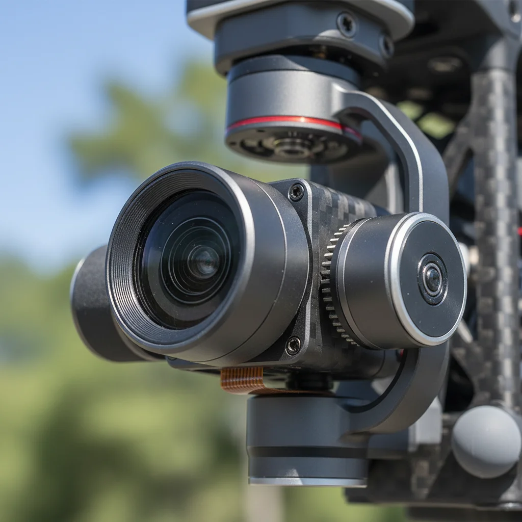 Detailed view of a drone's advanced camera gimbal and lens, emphasizing stabilization and image quality.