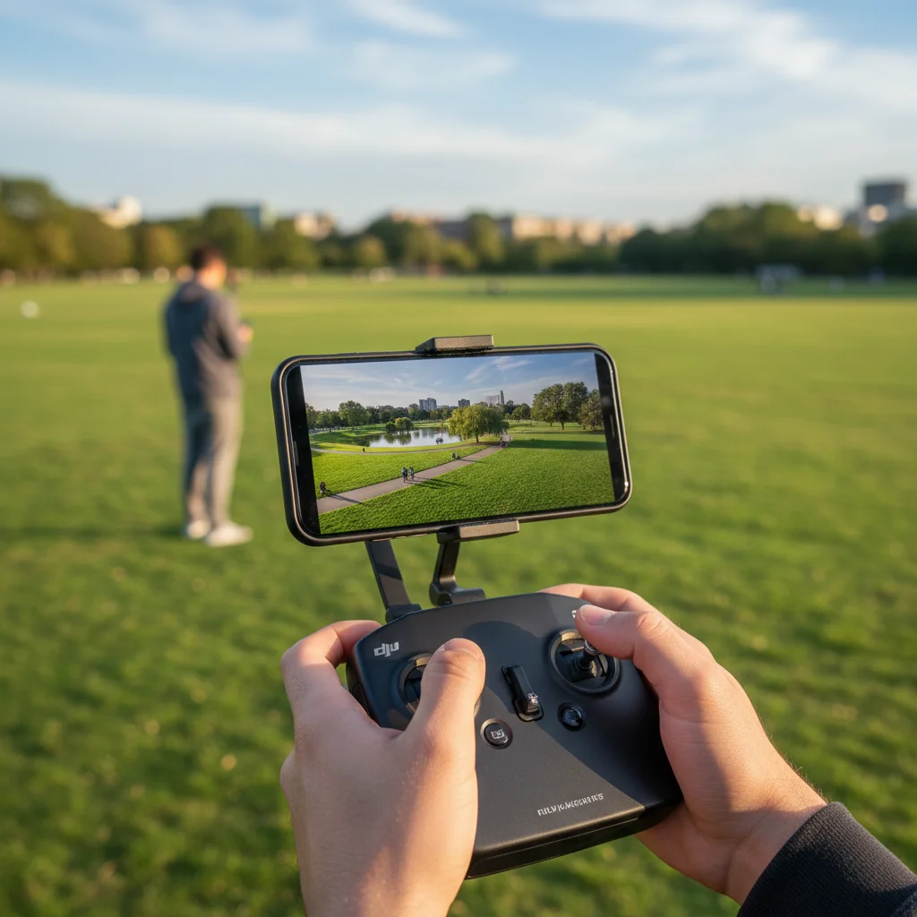 User operating a drone remote controller with a smartphone showing live aerial footage in an outdoor setting.