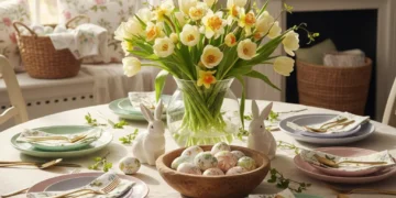 Elegant Easter 2026 dining table decor with pastel colors and fresh flowers