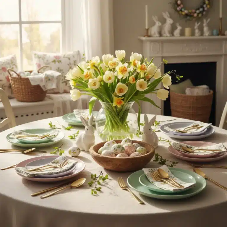 Elegant Easter 2026 dining table decor with pastel colors and fresh flowers