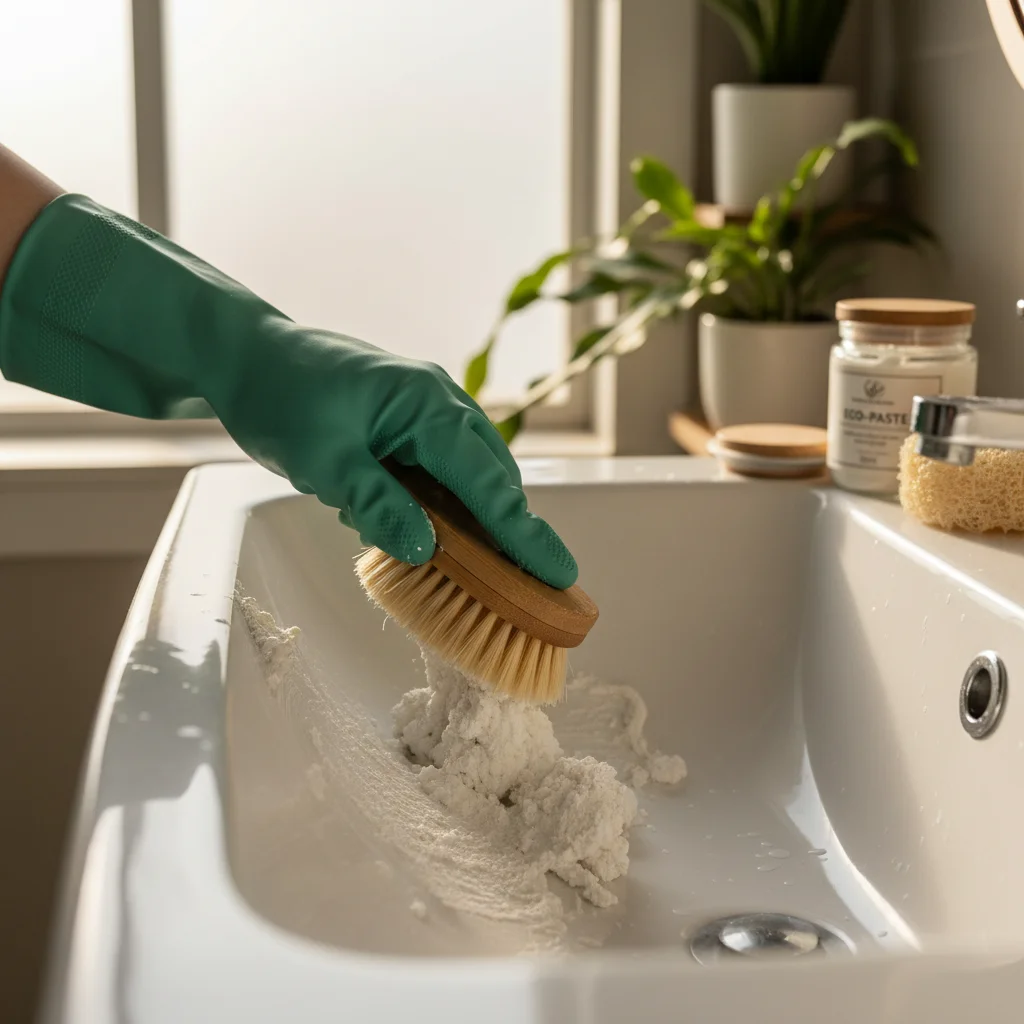 Person scrubbing a bathroom sink with eco-friendly cleaning paste and bamboo brush.