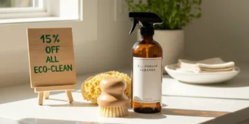 Eco-friendly cleaning products on a sunny kitchen counter with a discount sign.
