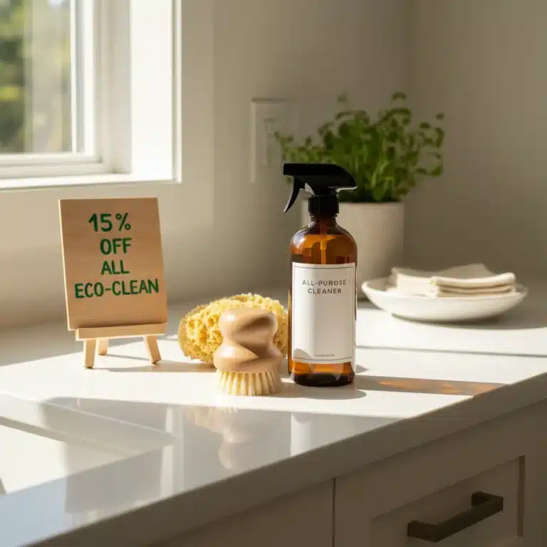 Eco-friendly cleaning products on a sunny kitchen counter with a discount sign.