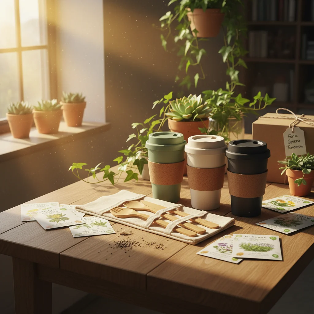 Assortment of eco-friendly and sustainable gift ideas, including reusable coffee cups and bamboo utensils, appealing to environmentally conscious individuals.