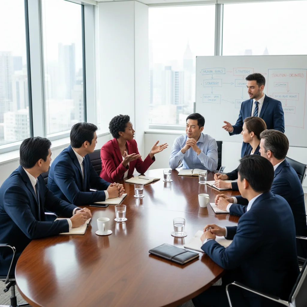 Professionals engaging in active listening and constructive dialogue during a business negotiation.