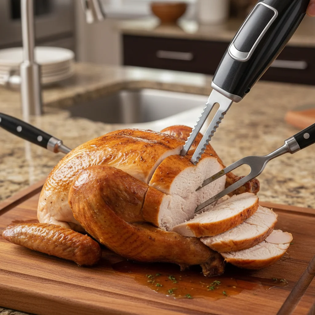 Electric carving knife smoothly slicing a roasted turkey on a wooden board.
