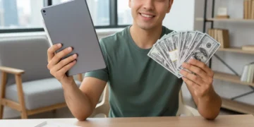Person holding new electronics with cash and rebate form