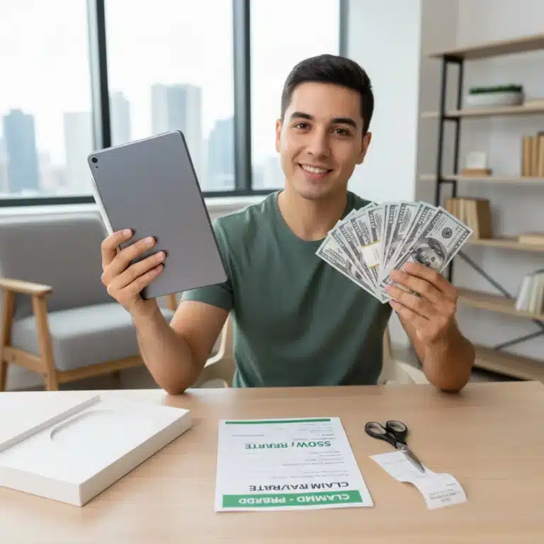 Person holding new electronics with cash and rebate form