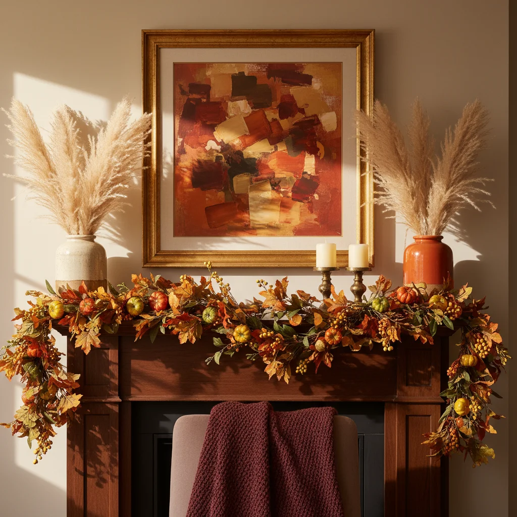 Elegant fall mantel decor with autumn leaves, pampas grass, and candles.