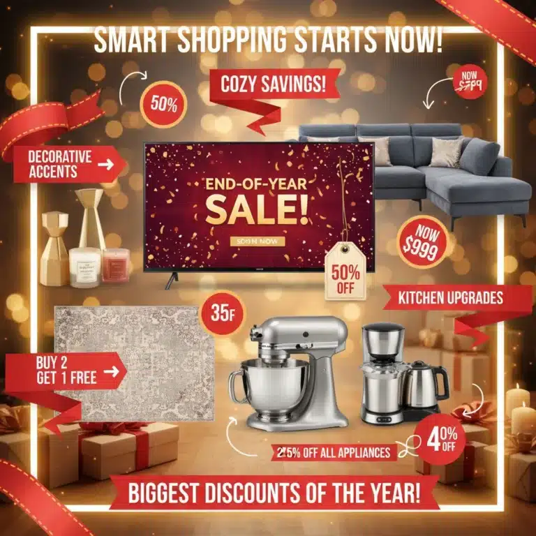 End-of-year sales graphic with discounted home items
