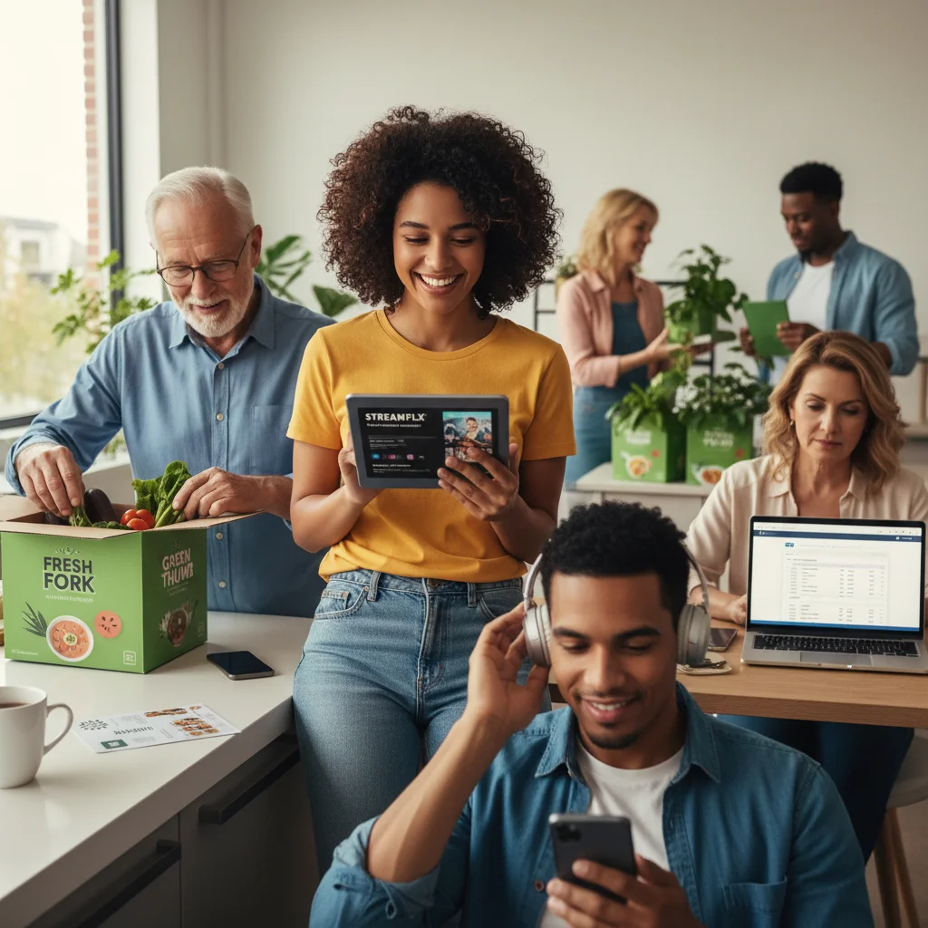 Diverse US consumers enjoying various subscription services like streaming, meal kits, and software, illustrating positive customer engagement.