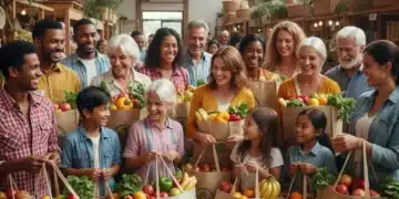 Diverse shoppers embracing ethical and sustainable products in a vibrant market