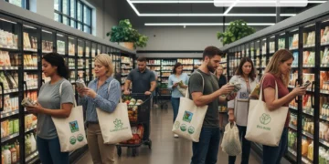 Ethical Consumption Trends: 15% US Shoppers Prioritize Sustainability by 2026 Shoppers making ethical choices in a supermarket, focusing on sustainable products.