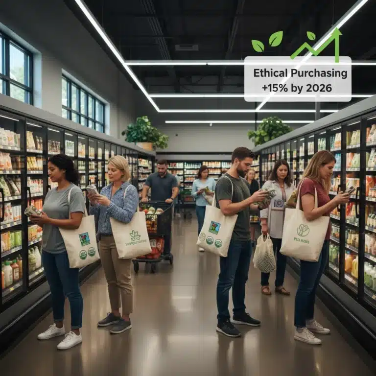 Shoppers making ethical choices in a supermarket, focusing on sustainable products.