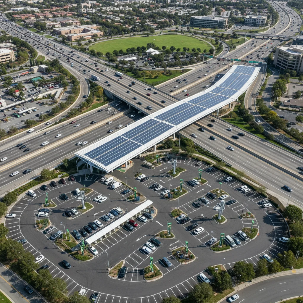 Aerial view of extensive EV charging network along a US highway, illustrating infrastructure growth.