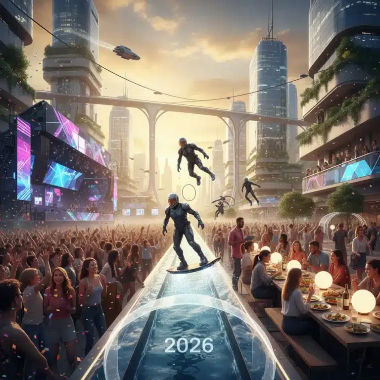 Diverse group enjoying experiences, futuristic city skyline 2026