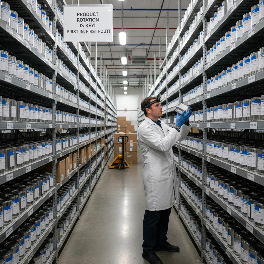 Person checking expiration dates for proper inventory rotation in a stockpile