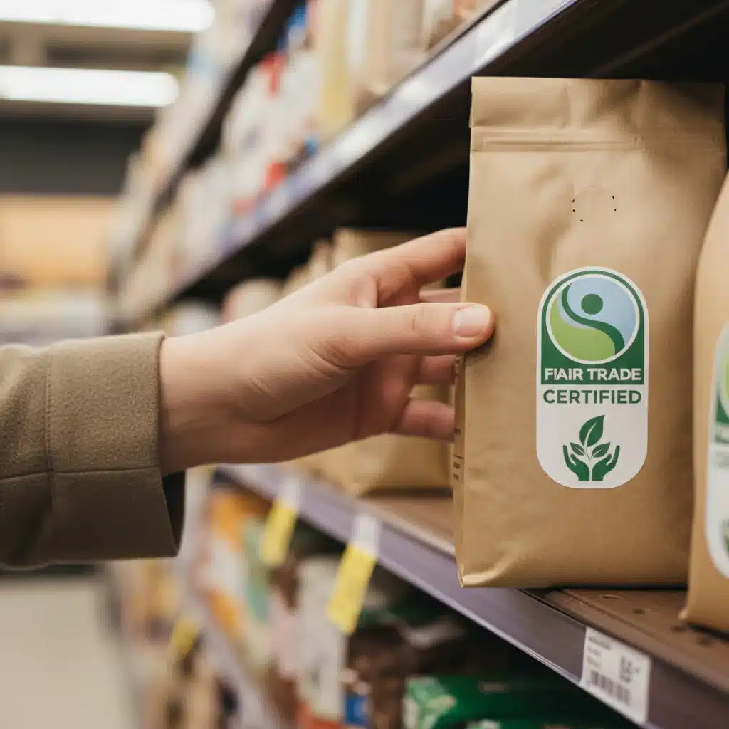 Hand selecting a product with a visible 'Fair Trade Certified' label on a store shelf