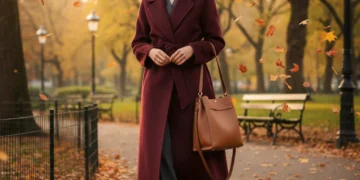 Stylish woman in burgundy wool coat and wide-leg trousers for Fall Fashion 2026