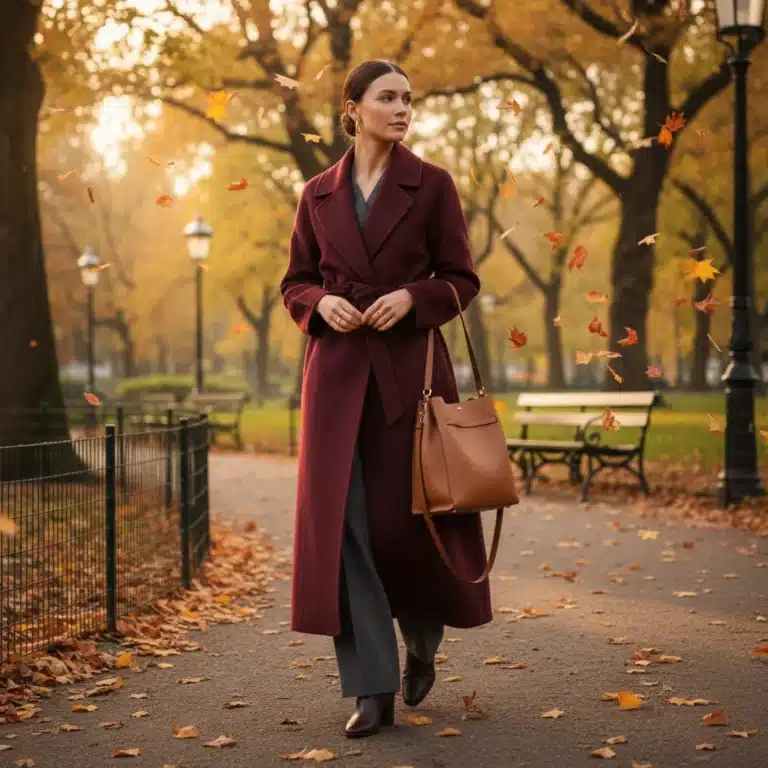Stylish woman in burgundy wool coat and wide-leg trousers for Fall Fashion 2026