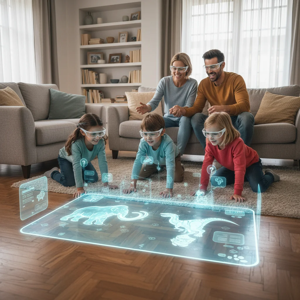 Family enjoying an educational augmented reality game in their living room, demonstrating immersive AR for home use.