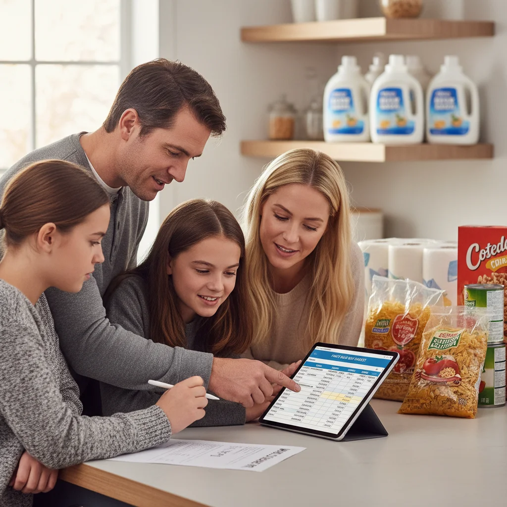 Family budgeting for bulk purchases of household essentials on a tablet