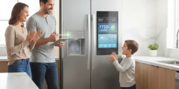 Family smiling at new stainless steel refrigerator, representing smart major appliance savings.