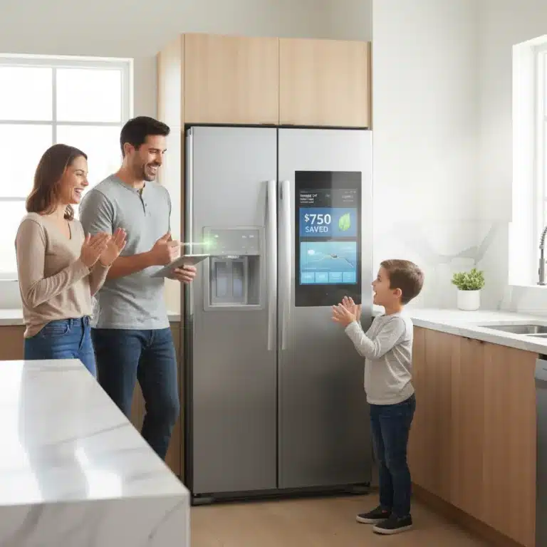 Family smiling at new stainless steel refrigerator, representing smart major appliance savings.