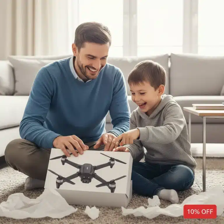 Father and son excitedly unboxing a new high-tech gadget for Father's Day 2026.