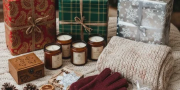 Festive holiday gifts under $50 artfully arranged on a blanket, showcasing unique and affordable present ideas for the 2026 season.