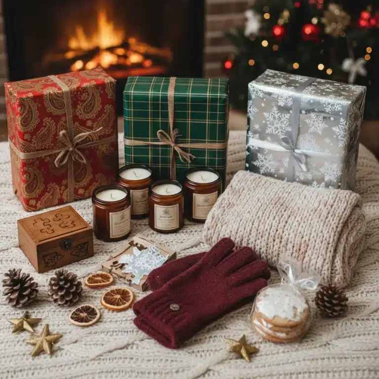 Festive holiday gifts under $50 artfully arranged on a blanket, showcasing unique and affordable present ideas for the 2026 season.