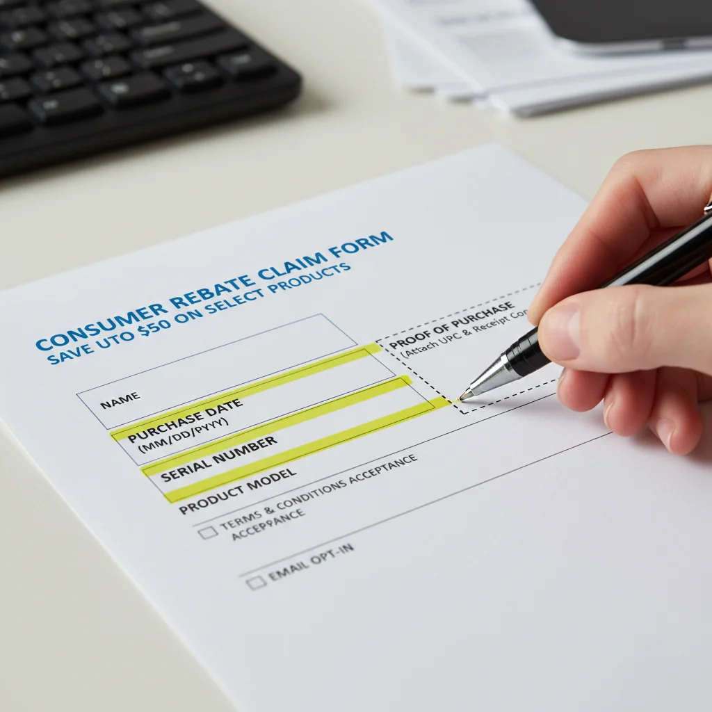 Close-up of a rebate form with important fields highlighted