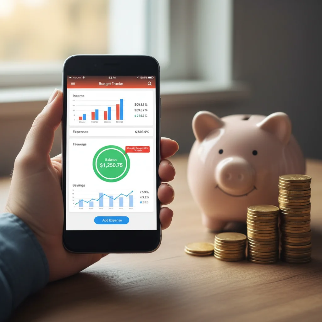 Hand holding smartphone with budget app, showing financial planning and savings.