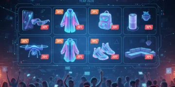 Illustration of a bustling online marketplace with a prominent 48-hour flash sale banner and 30% off deals.