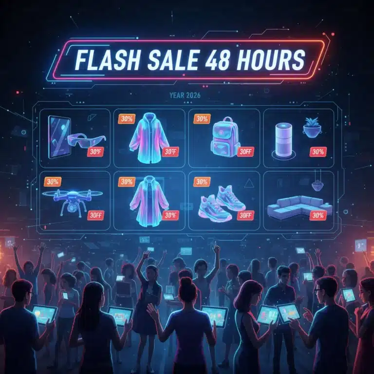Illustration of a bustling online marketplace with a prominent 48-hour flash sale banner and 30% off deals.