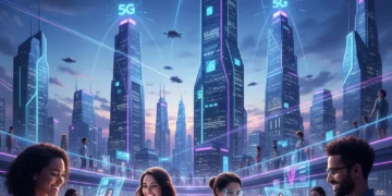Futuristic city with 5G network symbols and people using connected devices.