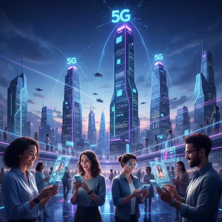 Futuristic city with 5G network symbols and people using connected devices.
