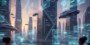 Future Tech Trends: Reshaping US Daily Life by 2026 Futuristic cityscape with integrated AI and biotech elements, transforming daily life