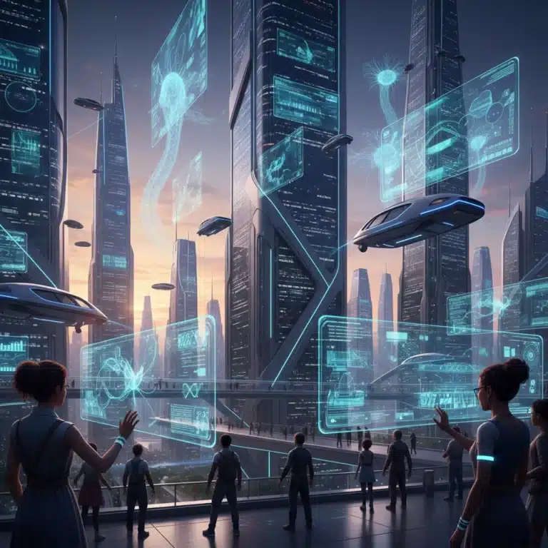Futuristic cityscape with integrated AI and biotech elements, transforming daily life
