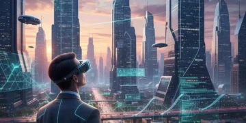 Futuristic cityscape with augmented reality overlays and a person wearing AR glasses, demonstrating real-world integration of digital information.