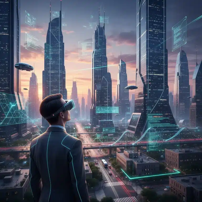 Futuristic cityscape with augmented reality overlays and a person wearing AR glasses, demonstrating real-world integration of digital information.