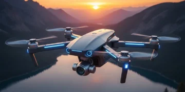 Futuristic consumer drone flying over a vast American landscape during sunset, showcasing advanced technology.