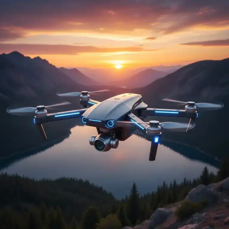 Futuristic consumer drone flying over a vast American landscape during sunset, showcasing advanced technology.