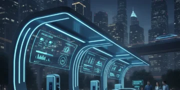 Futuristic EV charging station with multiple ports in a modern city at night, showcasing advanced technology.